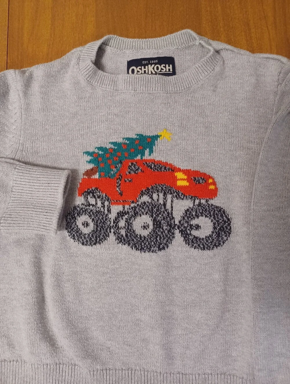 OshKosh B'Gosh Christmas Sweater Boys 3T Gray Red Monster Truck Tree Holiday